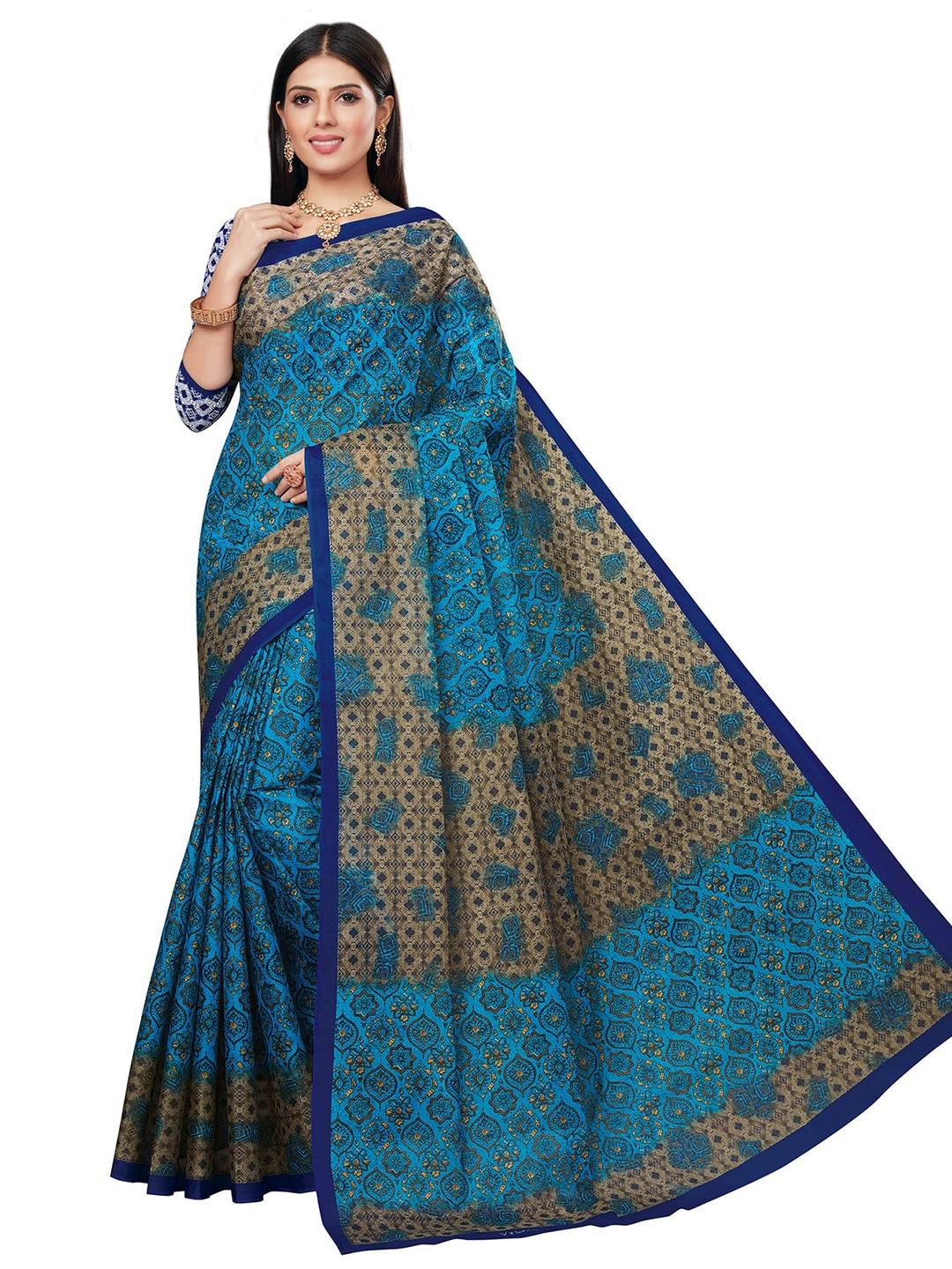 salwar studio blue & brown ethnic motifs pure cotton printed saree