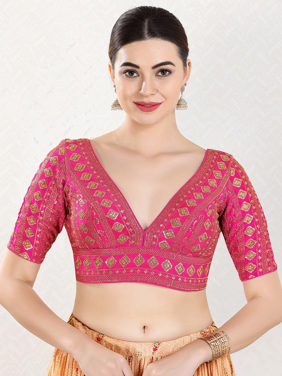 salwar studio embroidered silk v-neck saree blouse