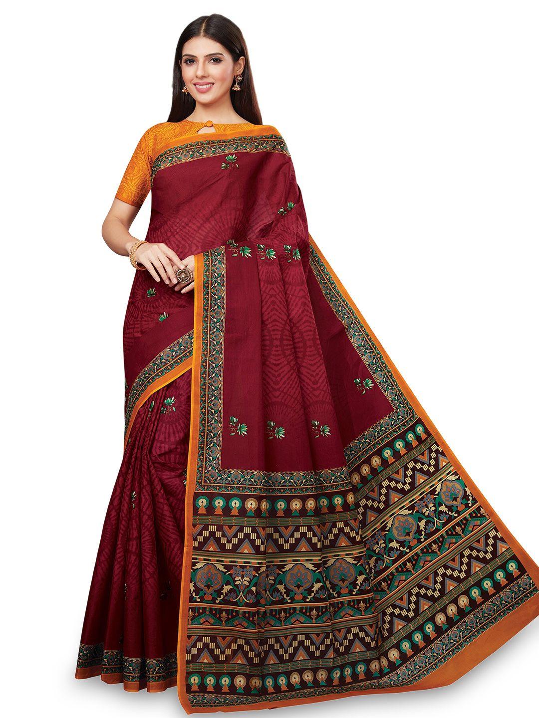 salwar studio ethnic motif pure cotton block print saree with blouse piece