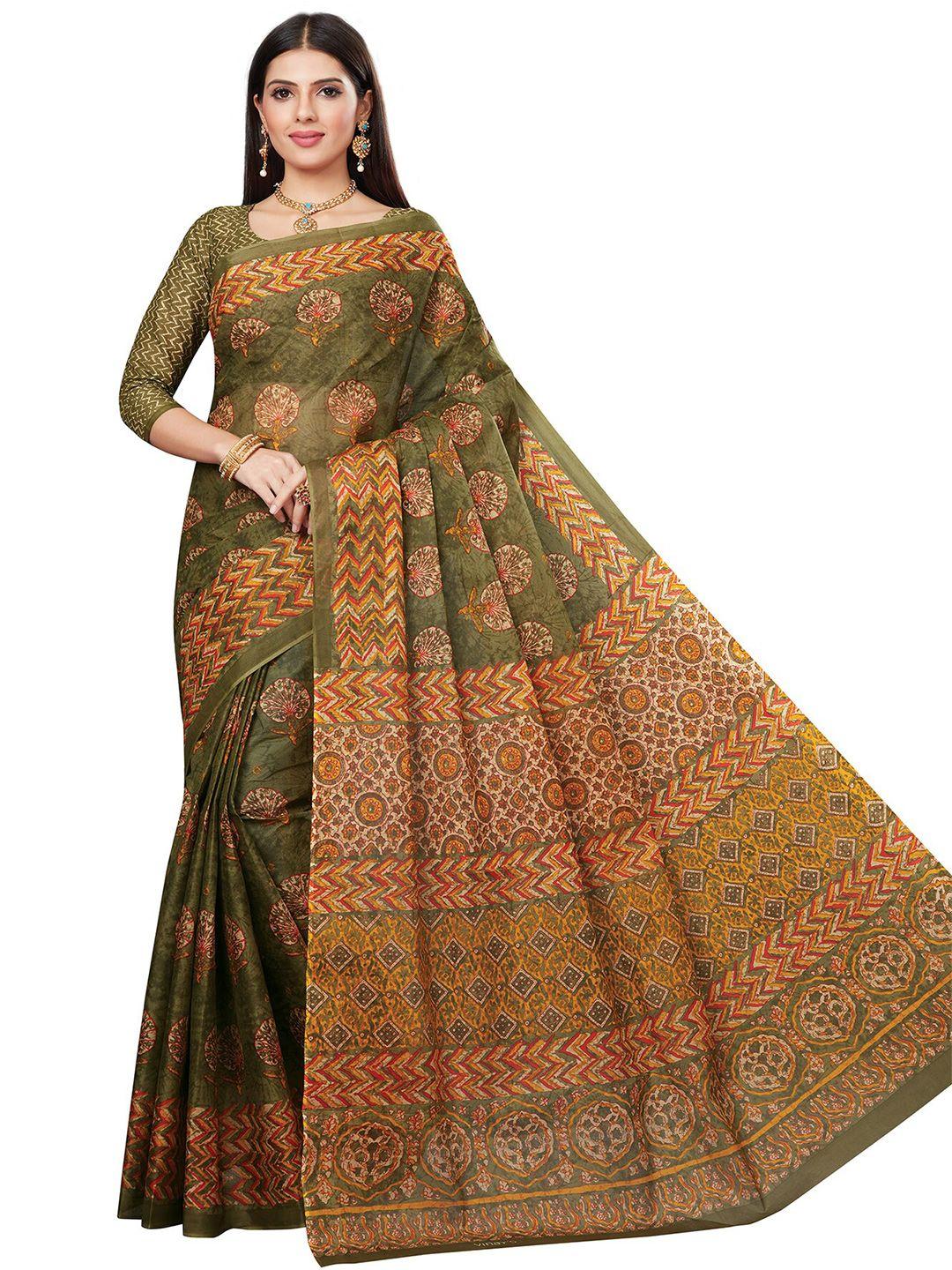 salwar studio green & red ethnic motifs pure cotton saree