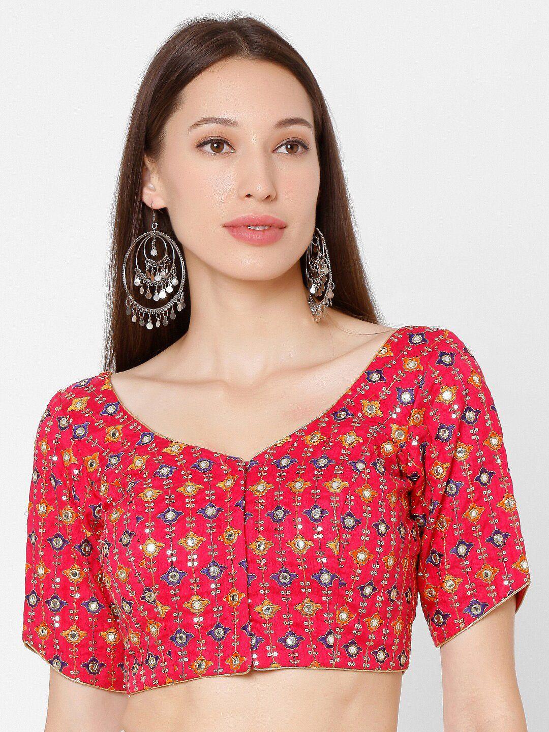 salwar studio magenta-pink & blue coloured embroidered brocade saree blouse