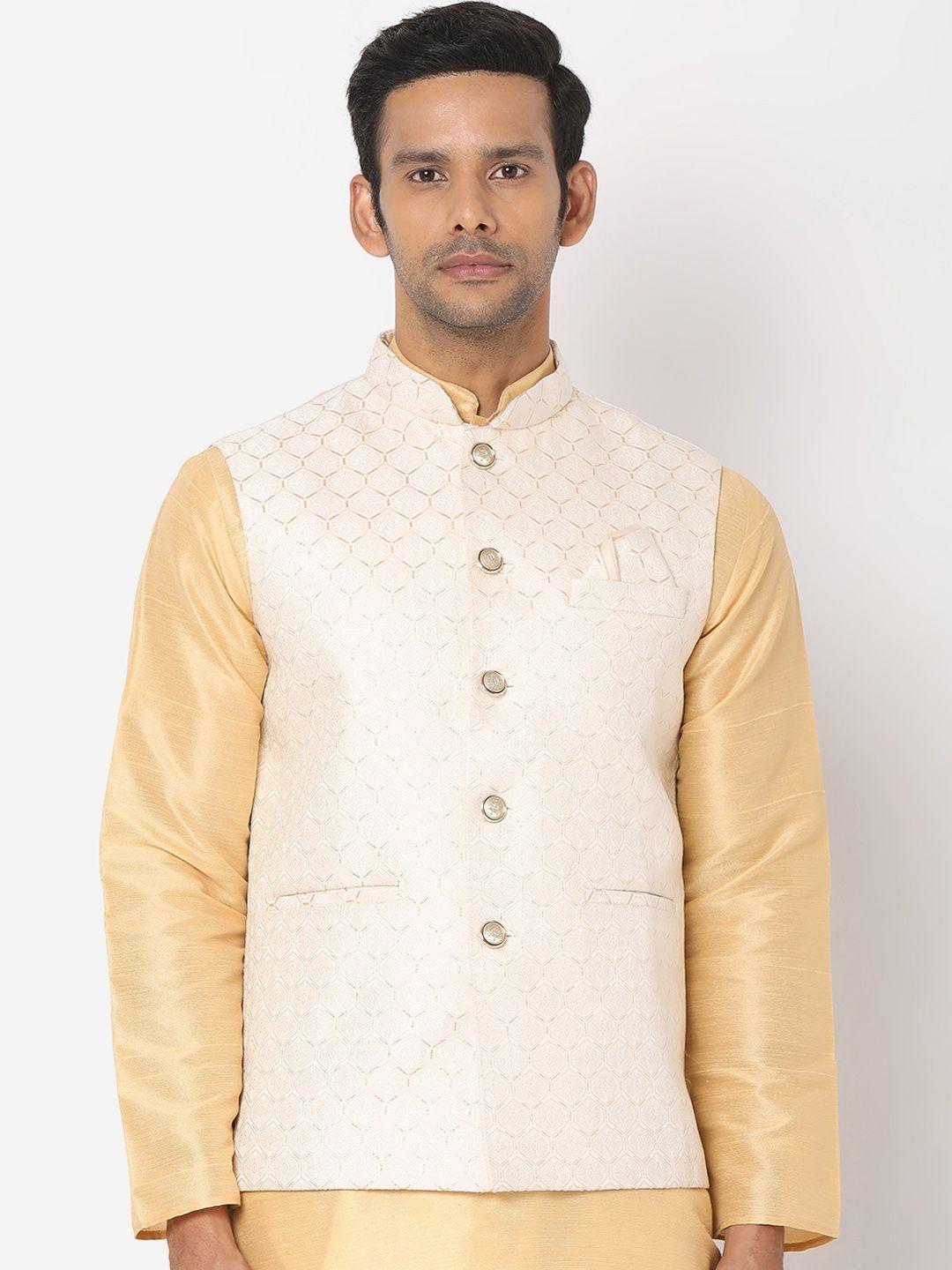 salwar studio men cream woven design nehru jacket