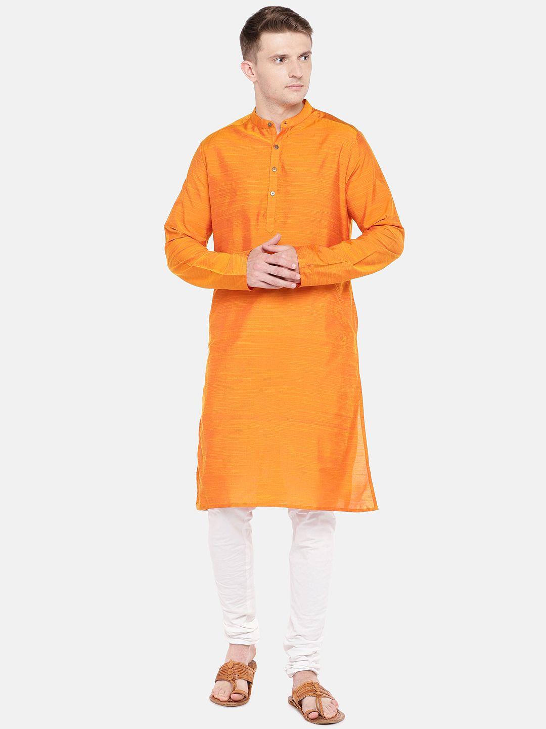 salwar studio men orange solid straight kurta