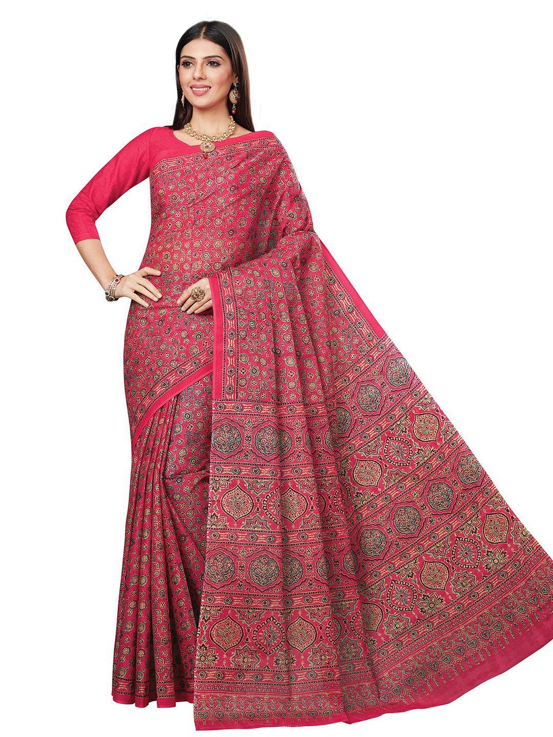 salwar studio pink & grey ethnic motifs pure cotton block print saree