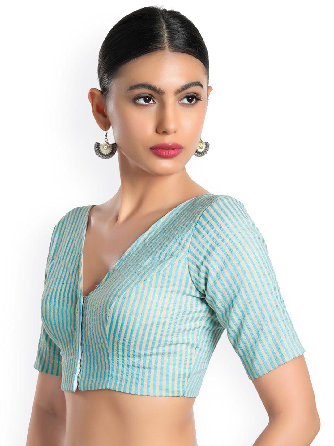 salwar studio woman blue cotton readymade saree blouse