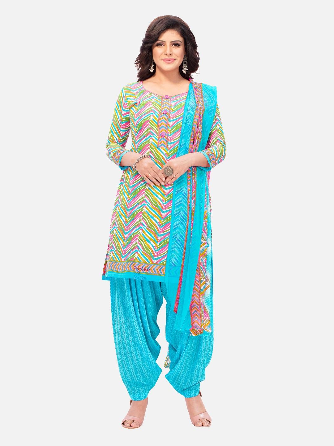 salwar studio women blue & green printed pure cotton unstitched dress material