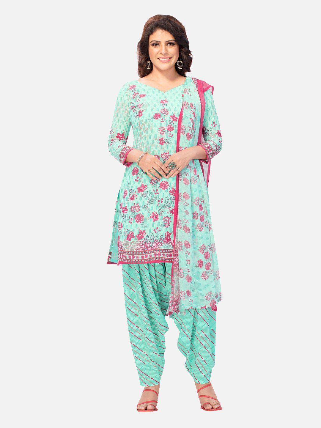 salwar studio women blue & pink printed unstitched dress material
