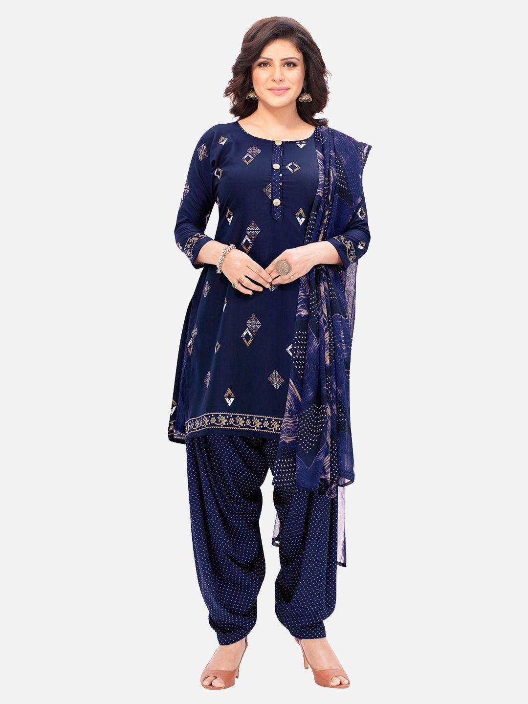 salwar studio women blue & white printed unstitched dress material