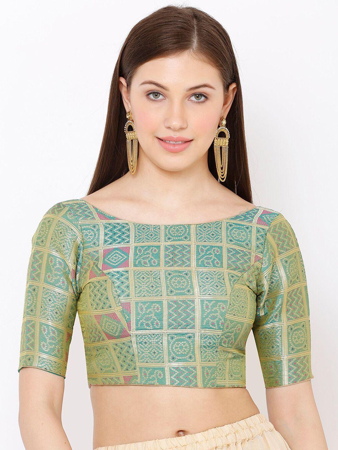 salwar studio women green & gold-colored woven design readymade saree blouse