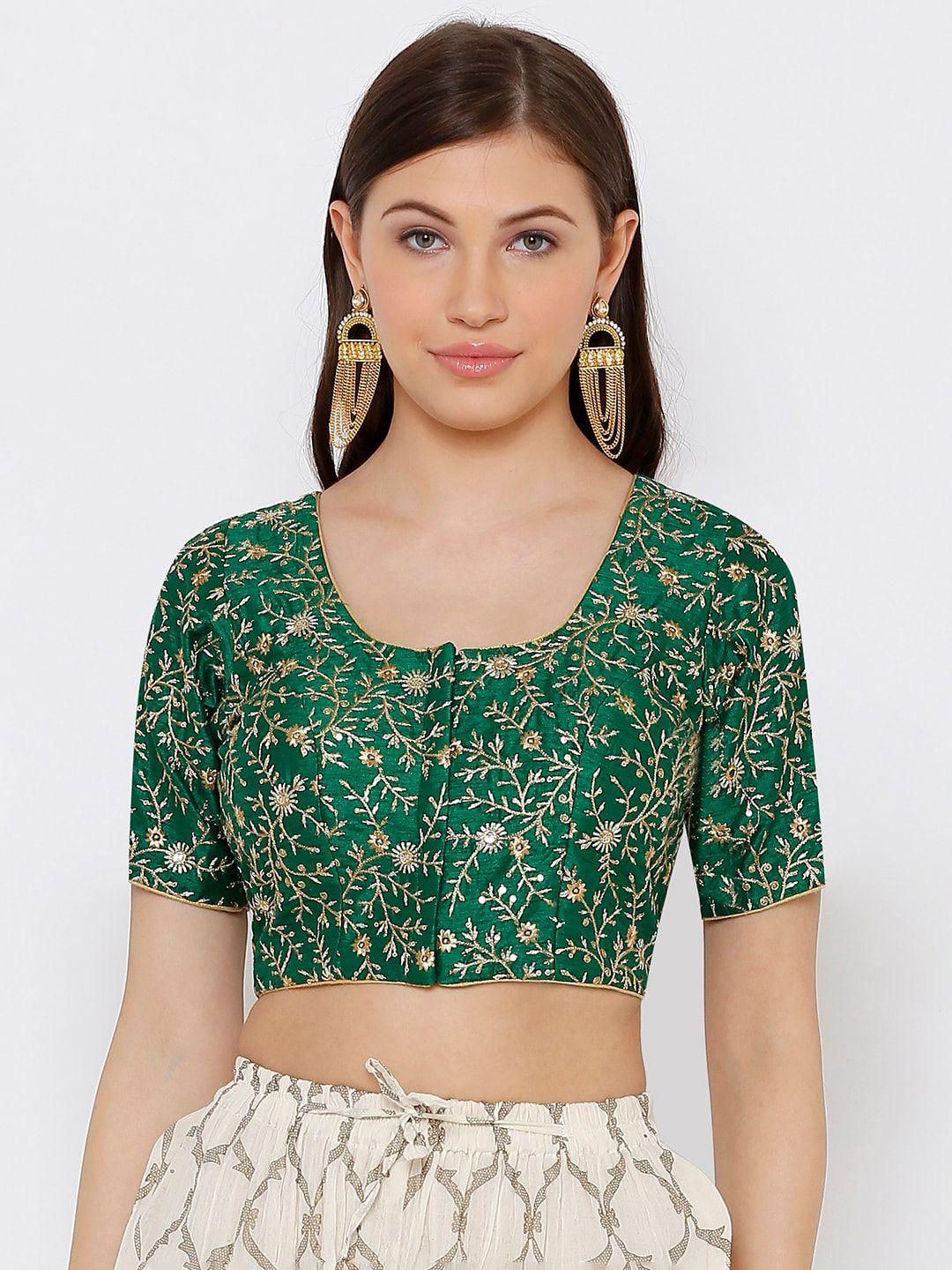 salwar studio women green & gold-coloured embroidered readymade saree blouse