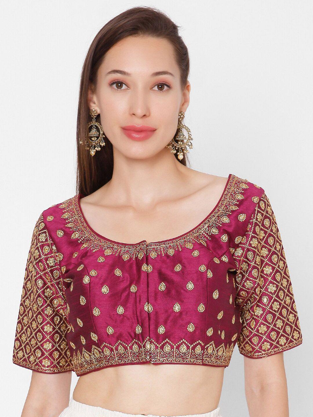 salwar studio women magenta pink & gold-coloured embroidered padded raw silk art readymade saree blouse