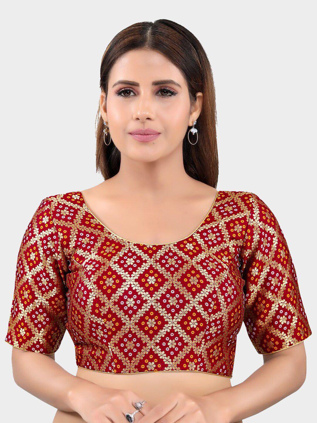 salwar studio women maroon & gold printed readymade saree blouse