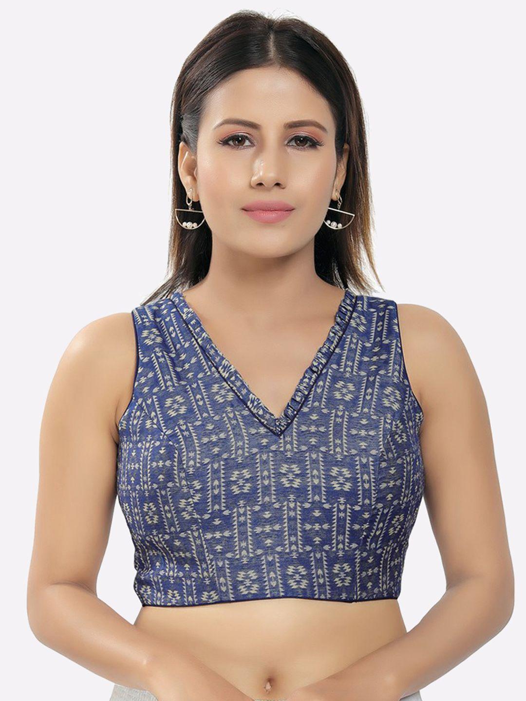salwar studio women navy blue printed cotton readymade saree blouse