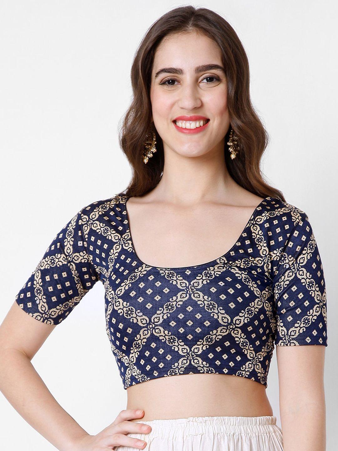 salwar studio women navy blue printed readymade saree blouse
