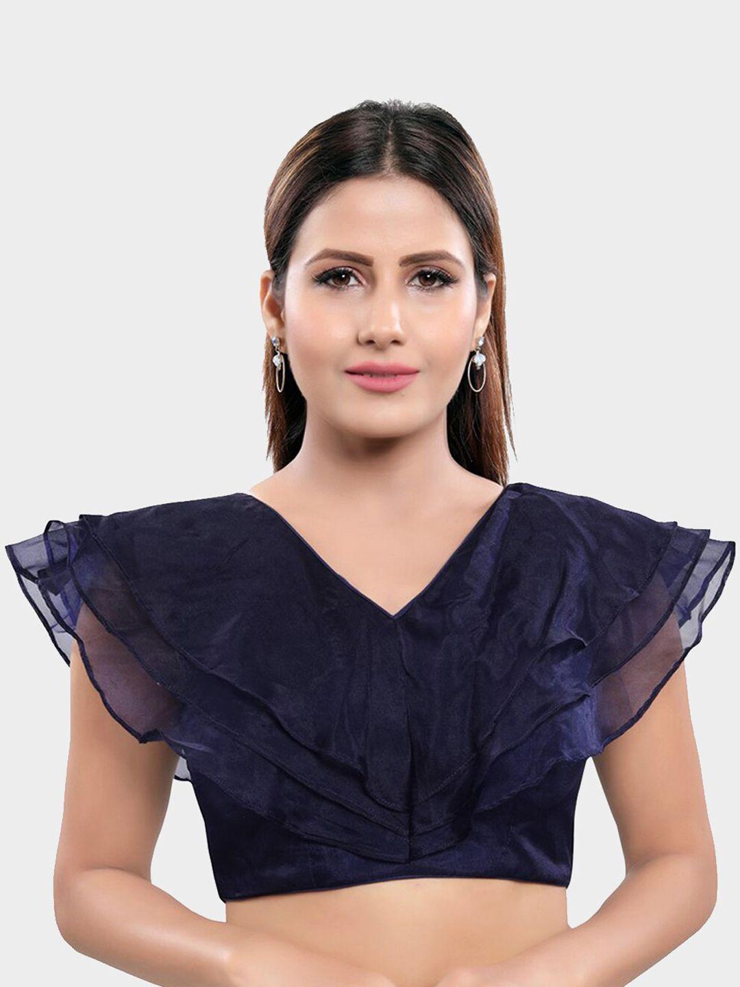 salwar studio women navy blue solid readymade saree blouse
