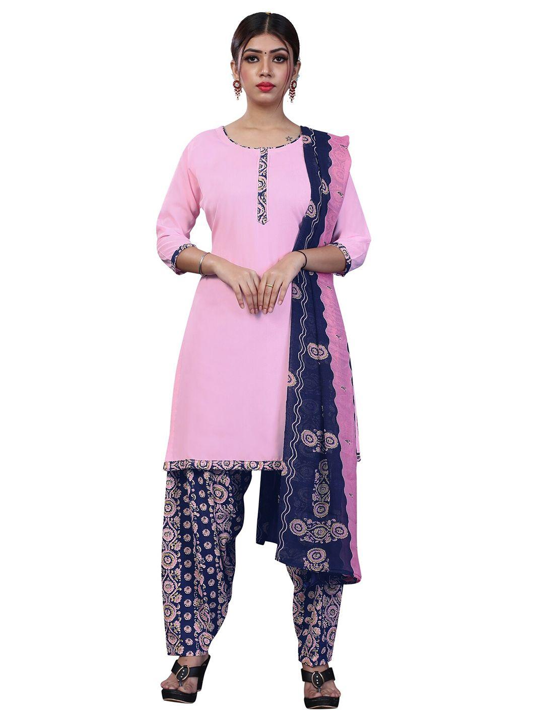 salwar studio women pink & blue printed cotton unstitched dress material