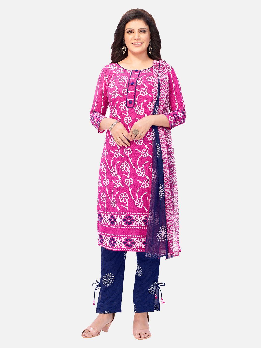 salwar studio women pink & blue printed pure cotton unstitched dress material
