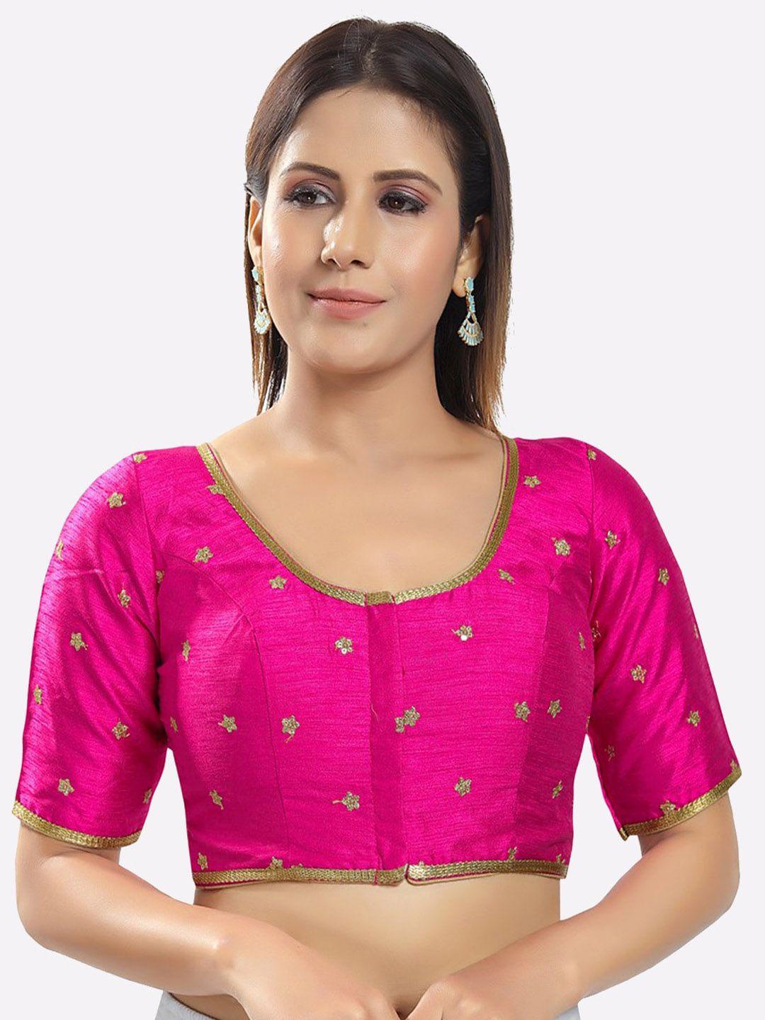 salwar studio women pink & golden embroidered silk saree blouse