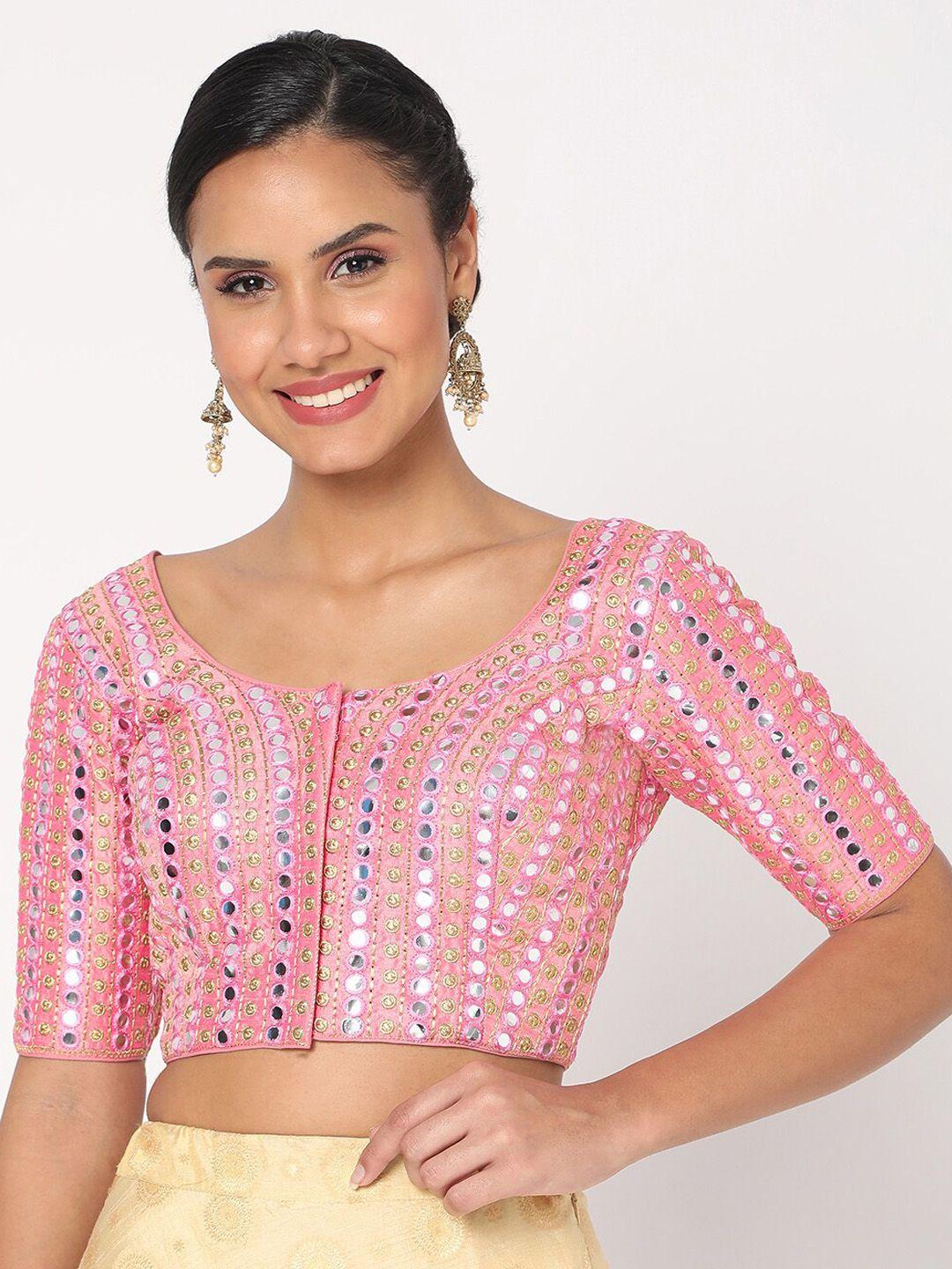 salwar studio women pink mirror work embroidered saree blouse