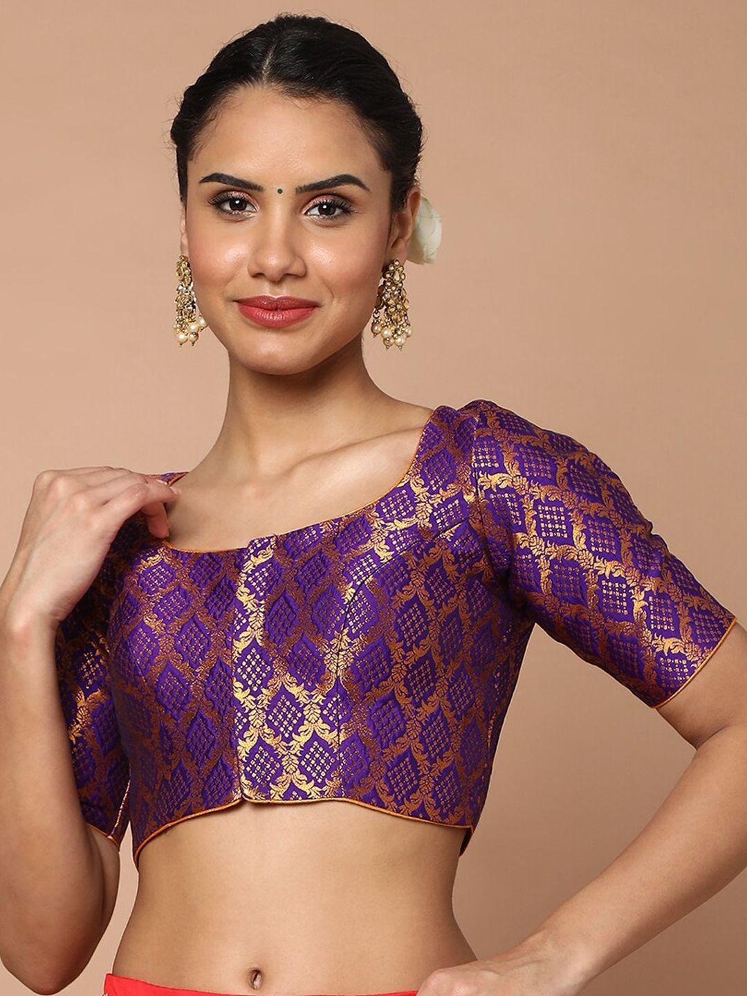 salwar studio women purple brocade readymade saree blouse
