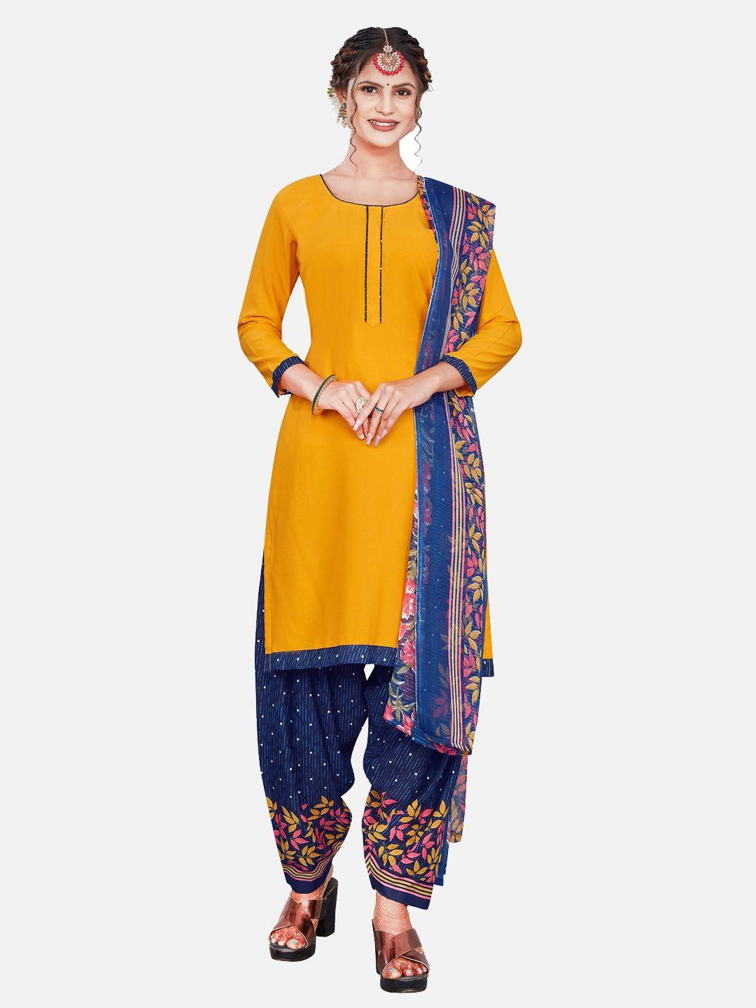 salwar studio women yellow & blue printed unstitched dress material