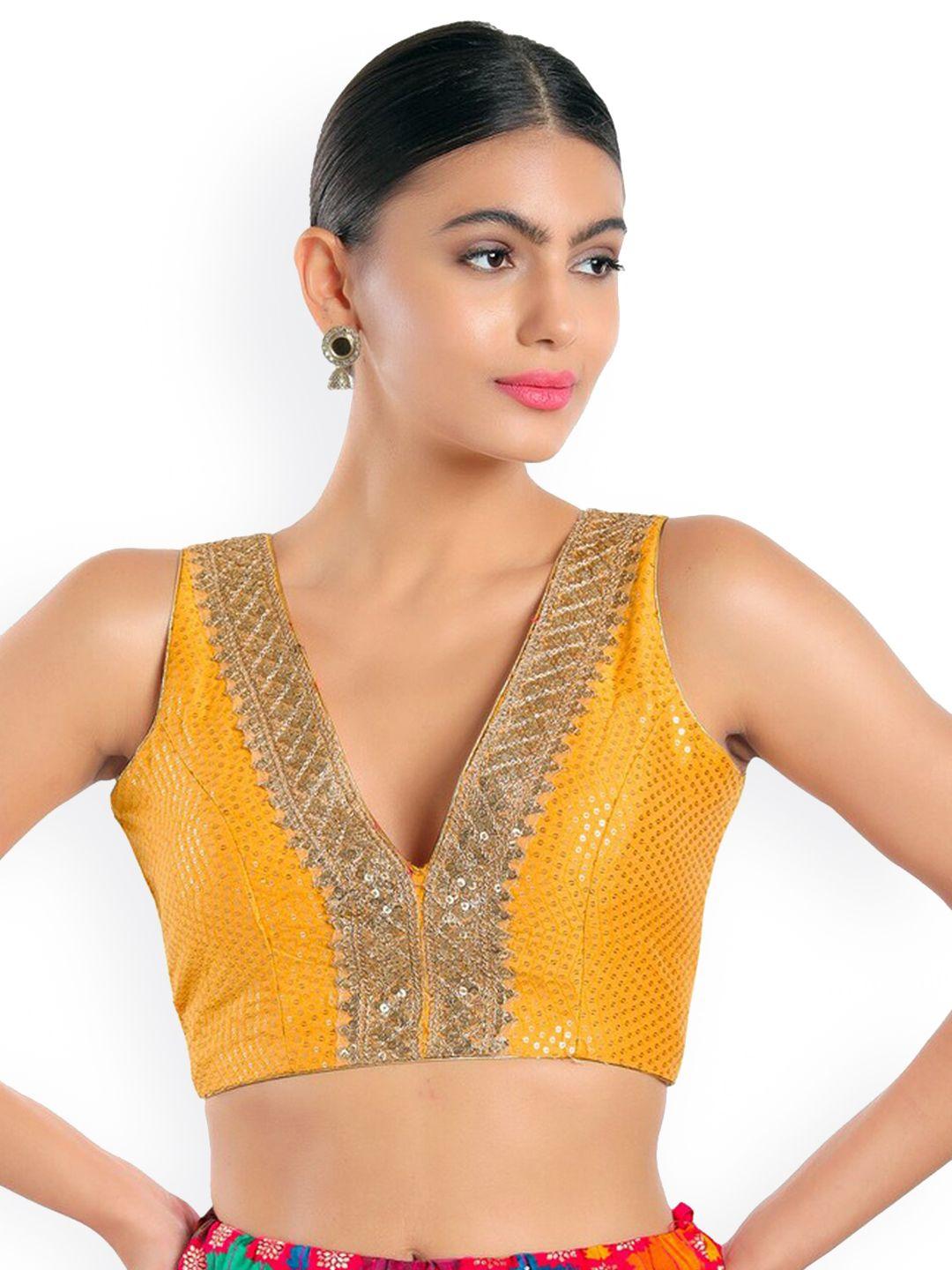 salwar studio yellow embroidered silk readymade saree blouse