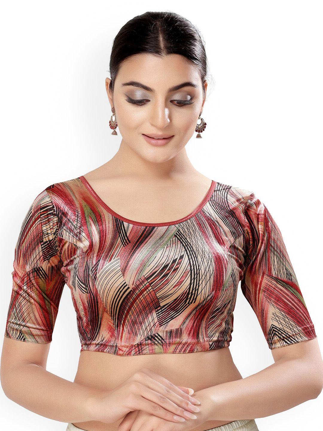 salwar studio abstract printed round neck stretchable velvet saree blouse