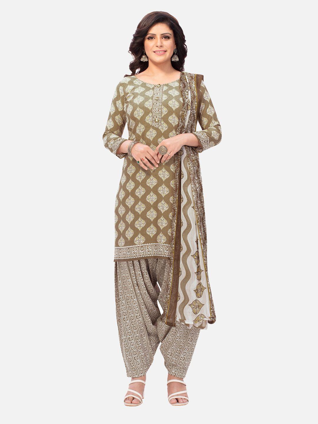 salwar studio beige & white printed unstitched dress material