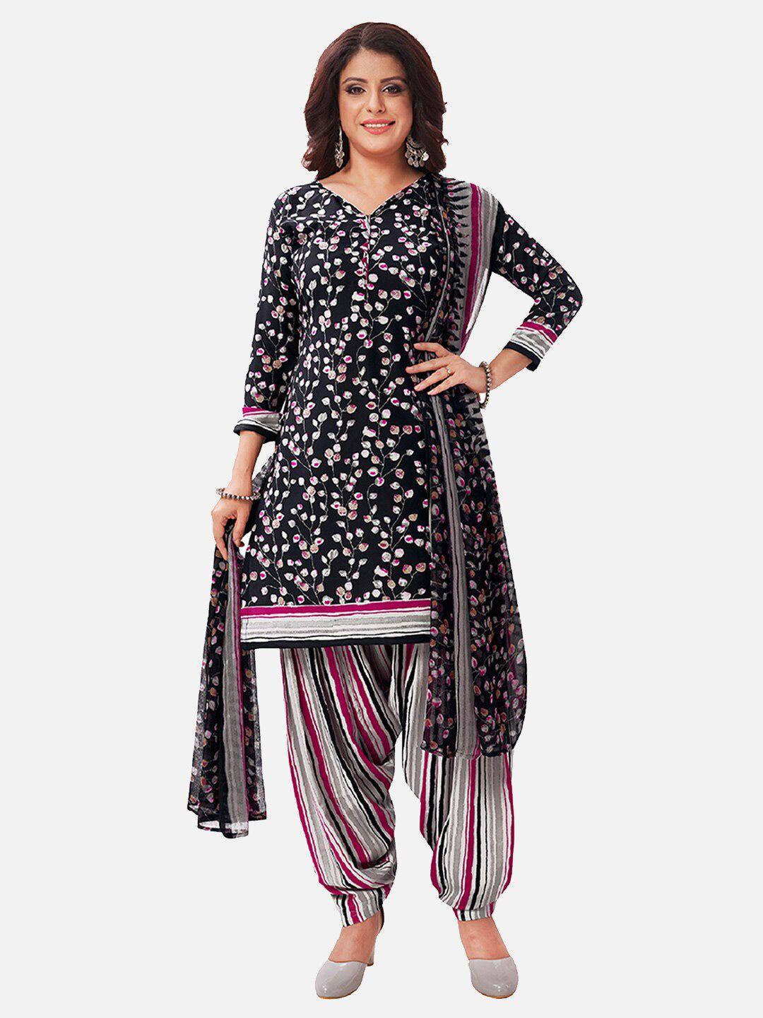 salwar studio black & pink printed unstitched dress material