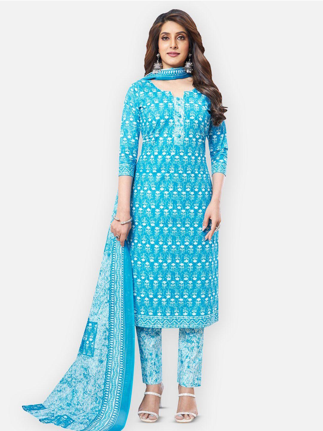 salwar studio blue & white printed pure cotton unstitched dress material