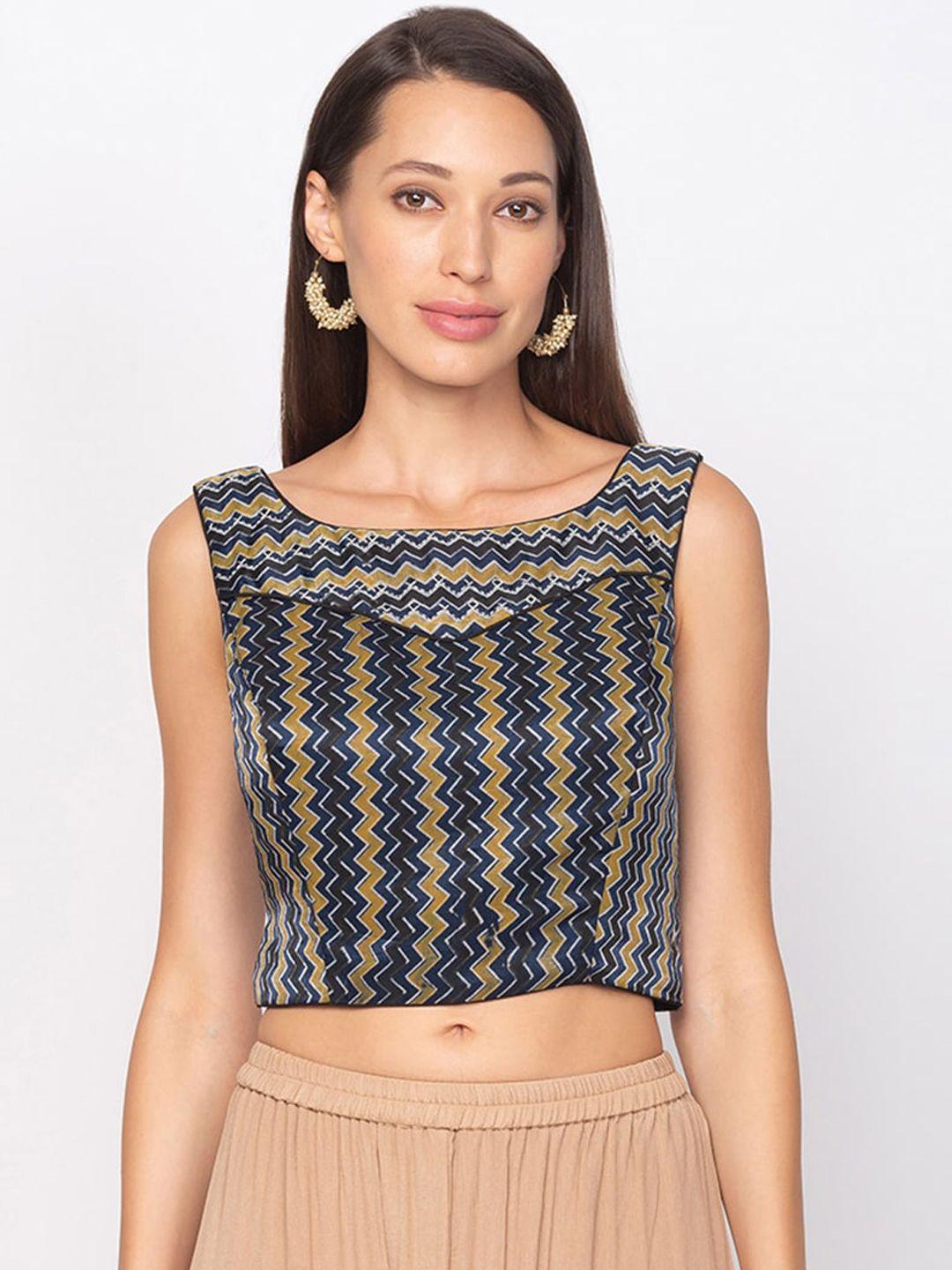 salwar studio blue & yellow geometric printed fitted crop top