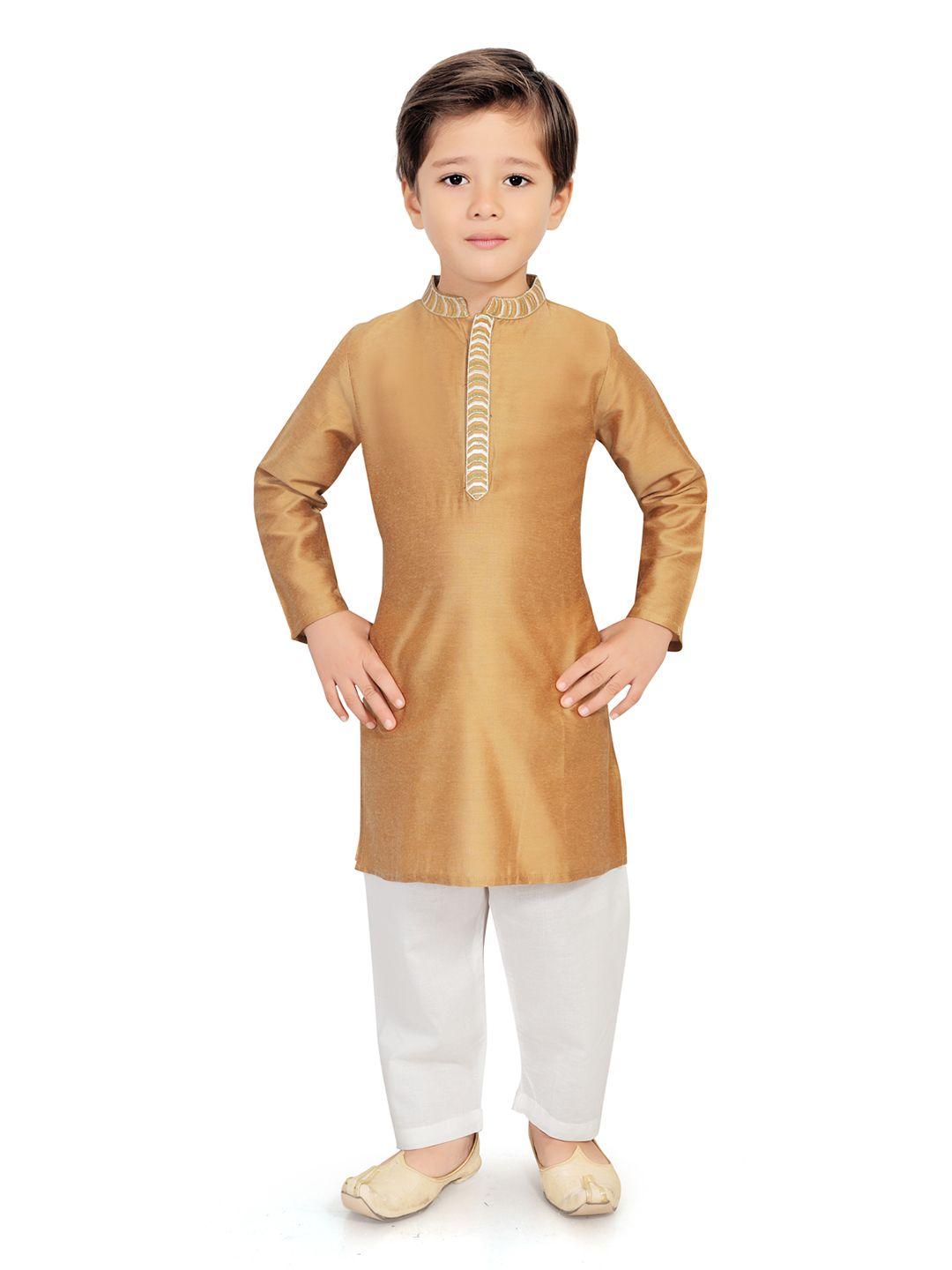 salwar studio boys gold-toned patchwork kurta with pyjamas