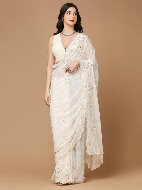 salwar studio cream embellished saree without blouse