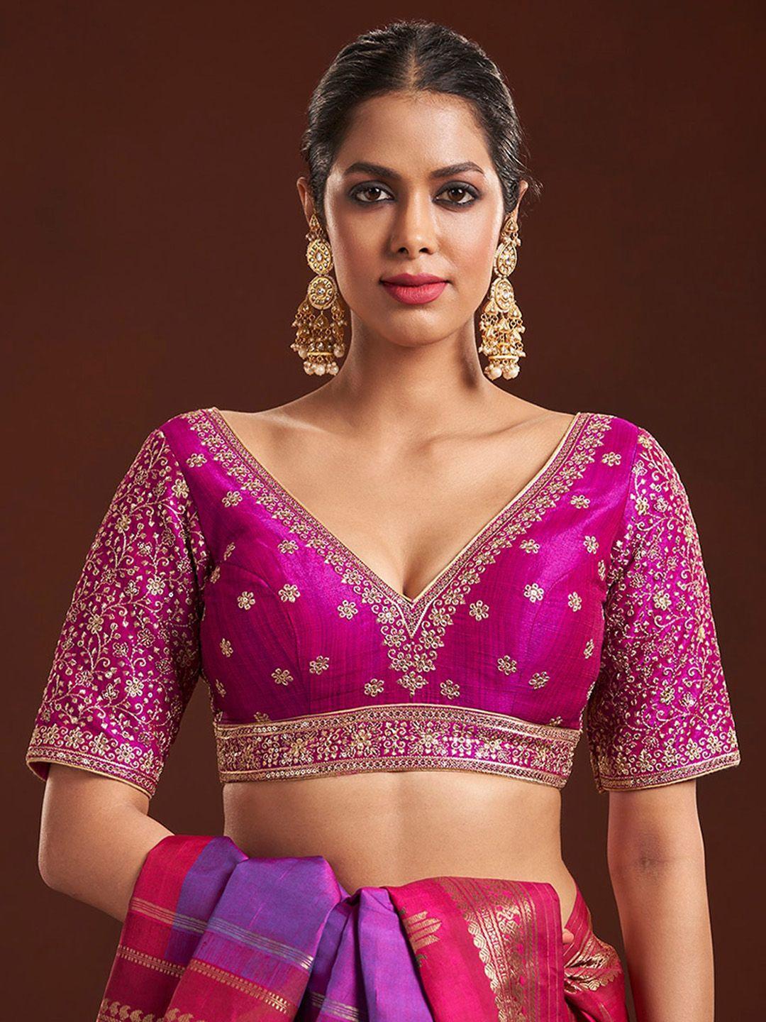 salwar studio embroidered v-neck raw silk saree blouse