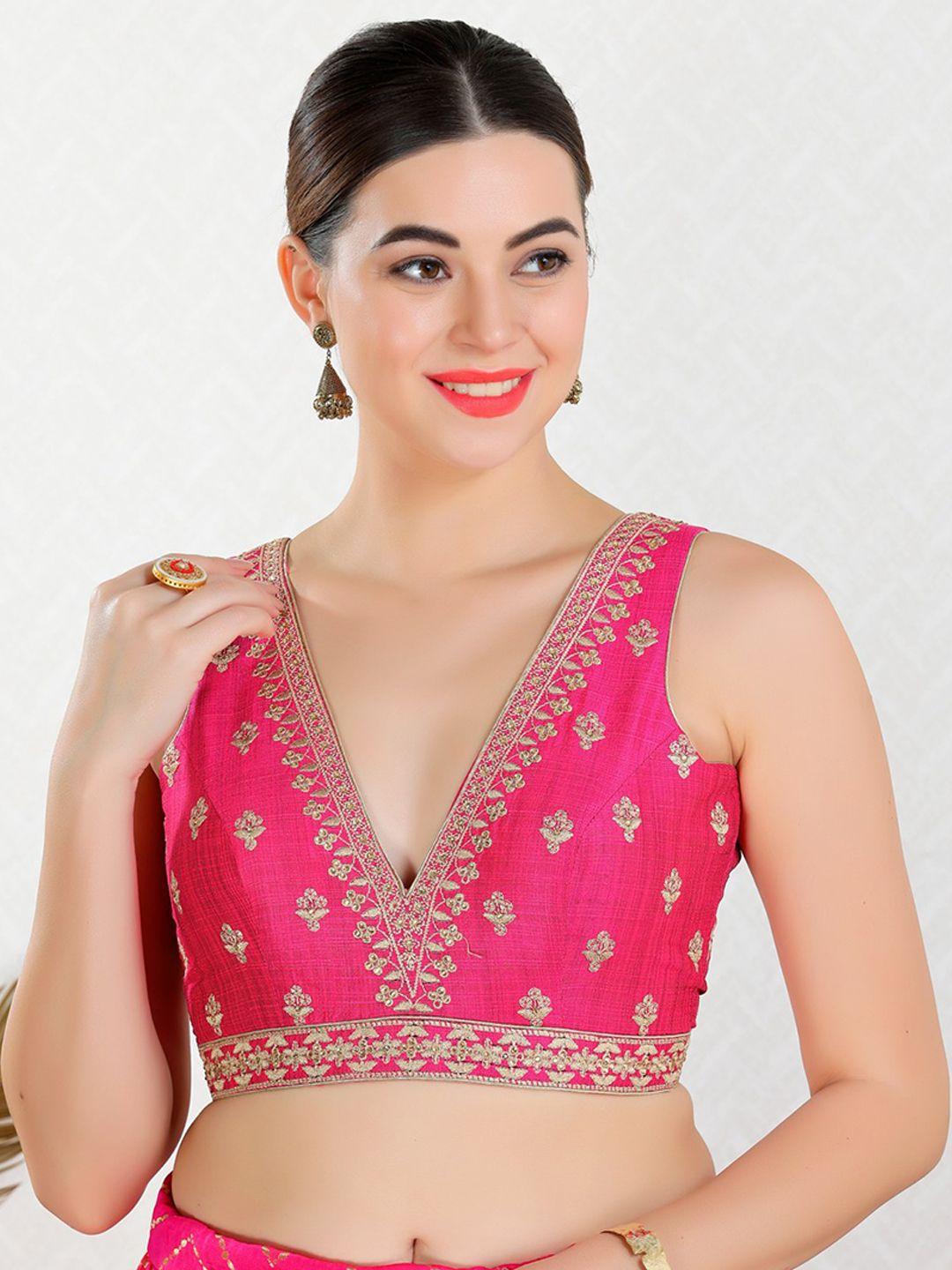 salwar studio embroidered v-neck thread work detailed silk saree blouse