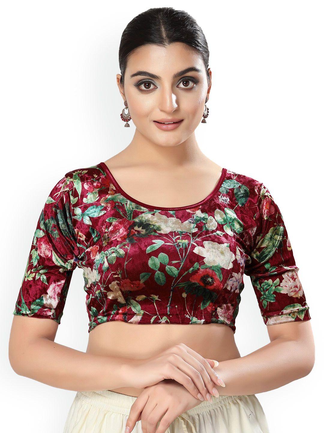 salwar studio floral printed round neck stretchable velvet saree blouse