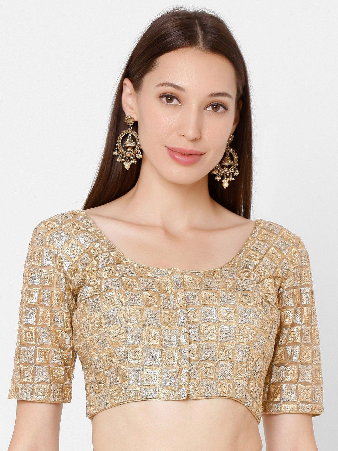 salwar studio gold-colored & silver-colored embroidered readymade saree blouse