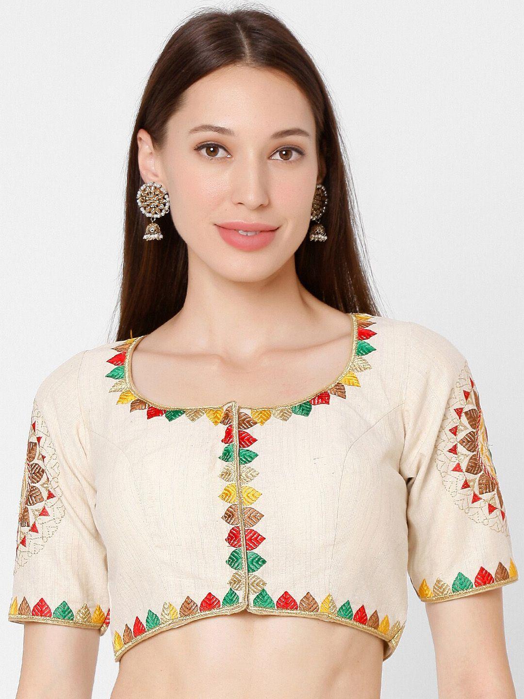 salwar studio gold-coloured & green embroidered cotton readymade saree blouse