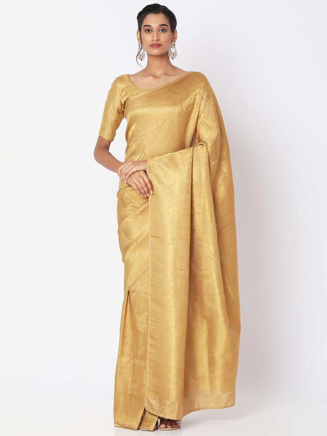 salwar studio gold-toned ethnic motifs zari brocade block print saree