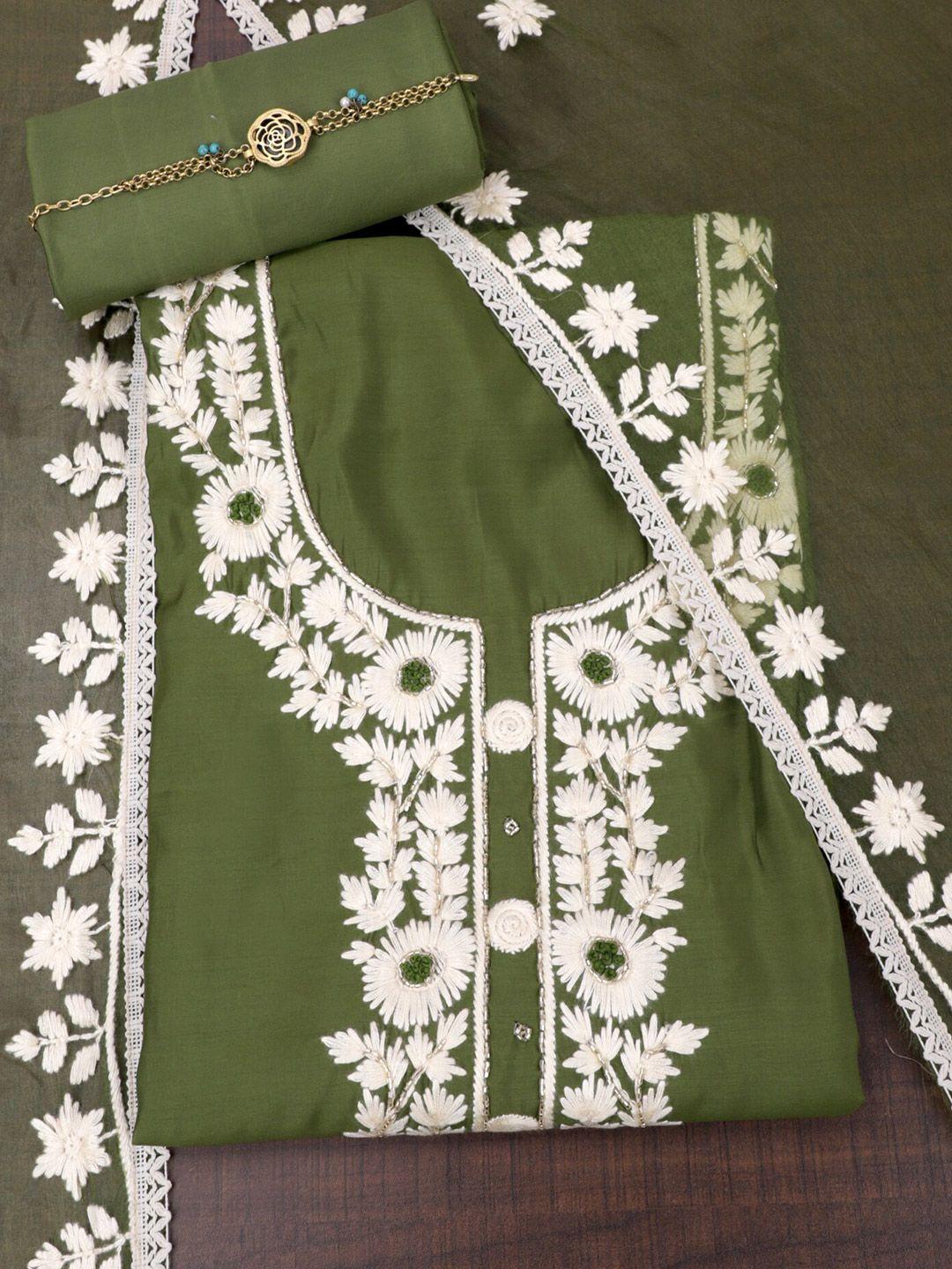 salwar studio green & white embroidered pure silk unstitched dress material