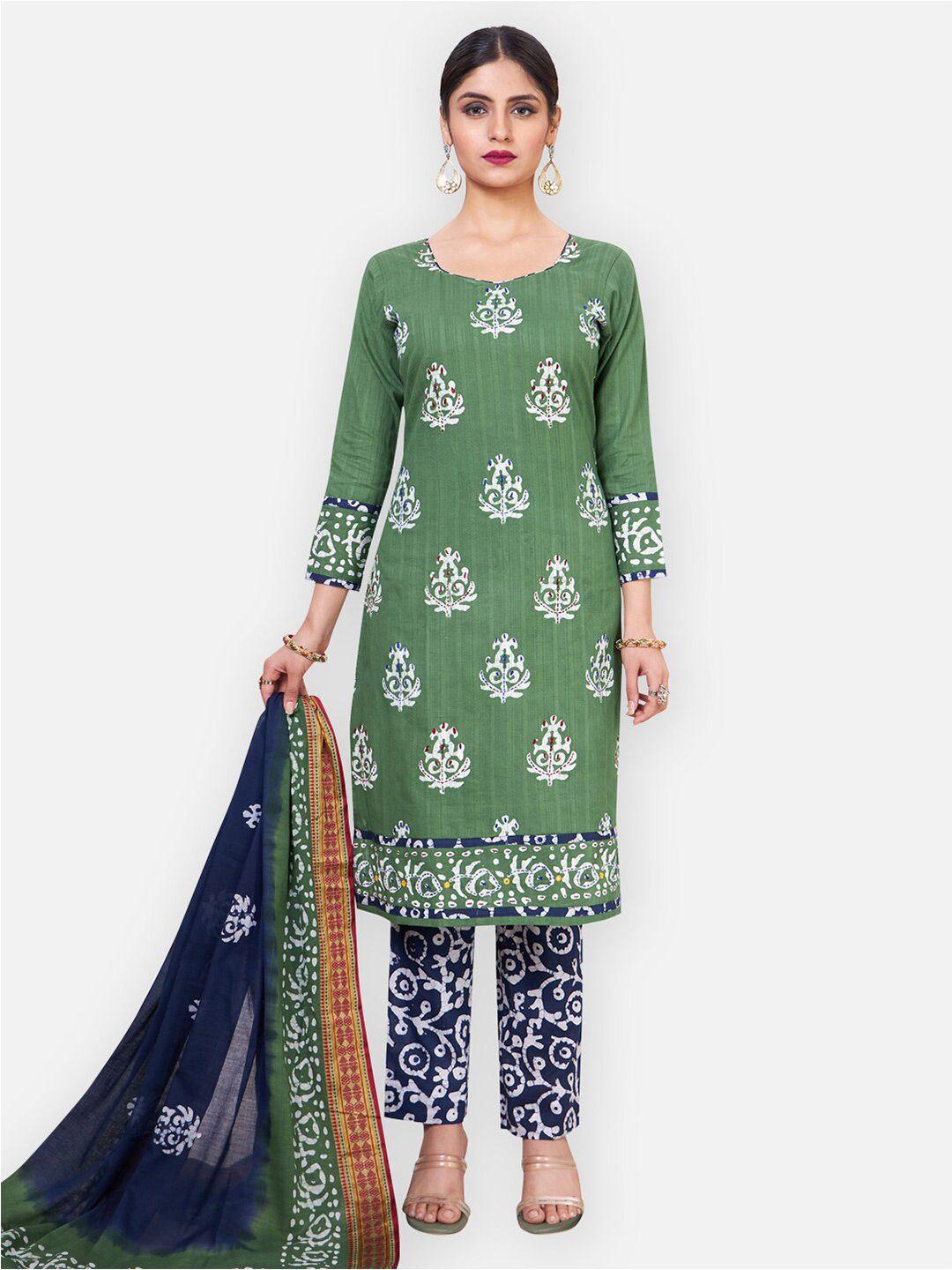 salwar studio green & white printed pure cotton unstitched dress material