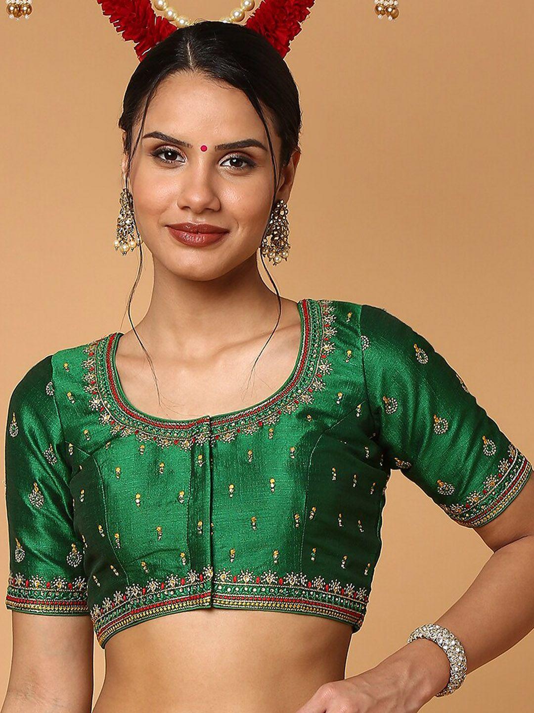 salwar studio green embroidered readymade silk saree blouse