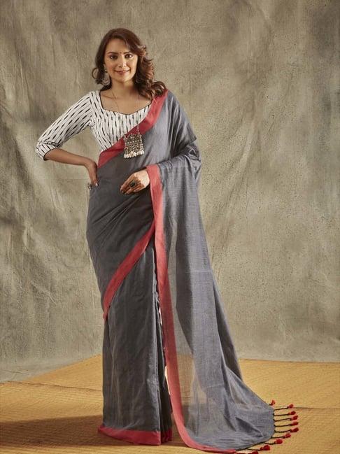 salwar studio grey & red cotton printed saree