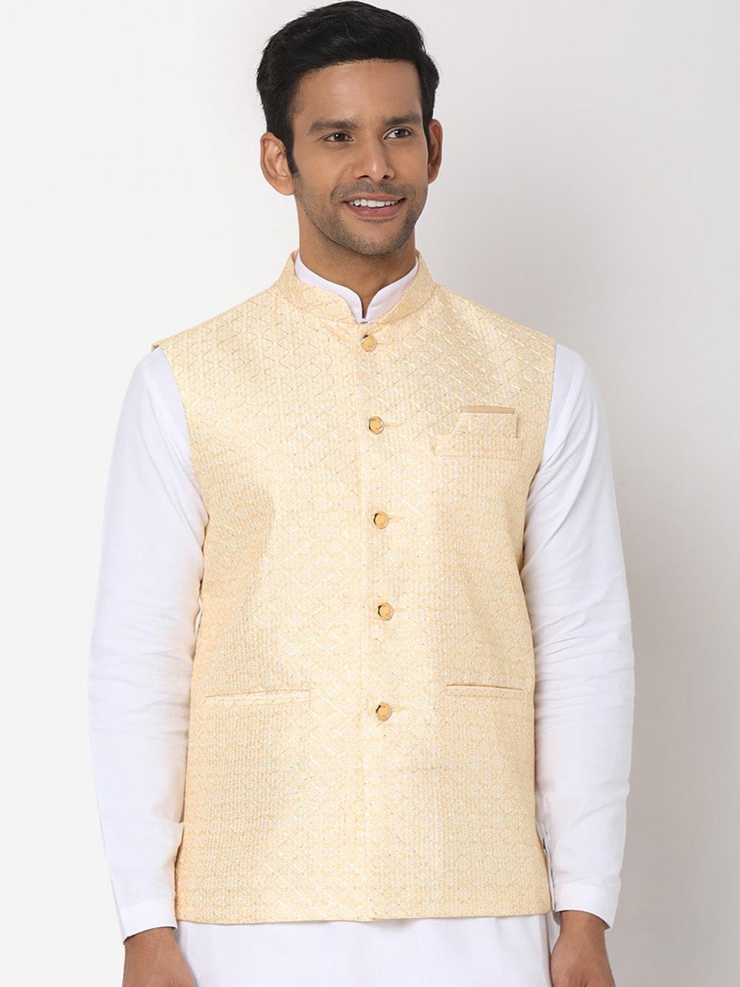 salwar studio men beige digital printed woven nehru jacket