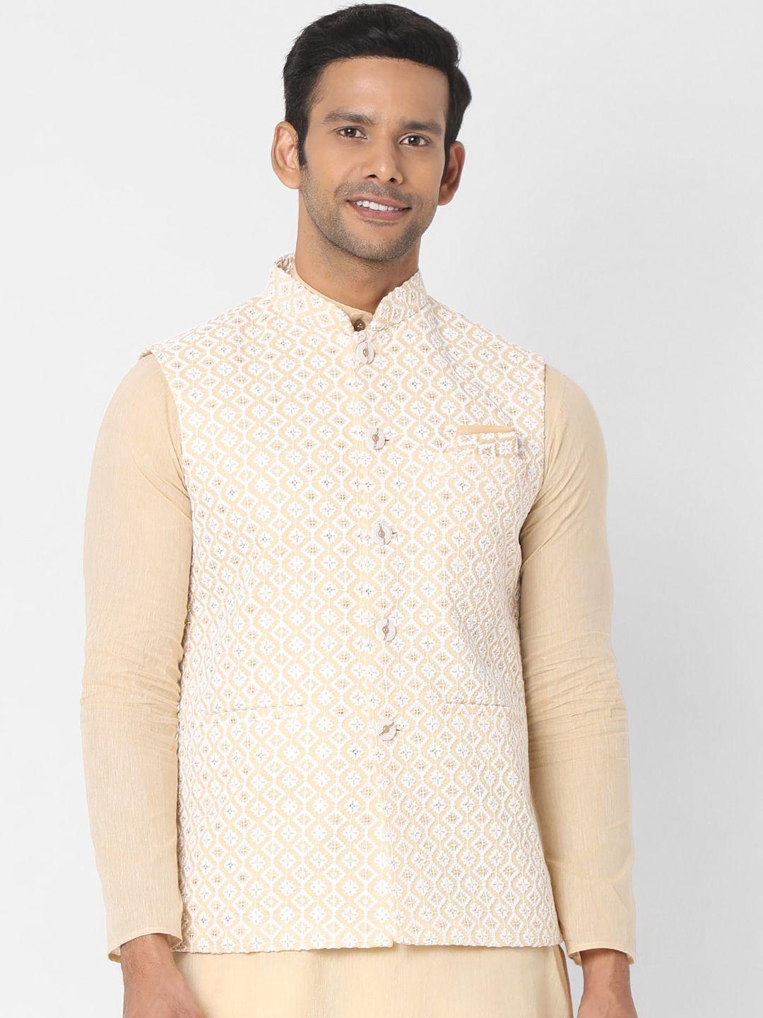 salwar studio men beige woven-design embroidered nehru jacket