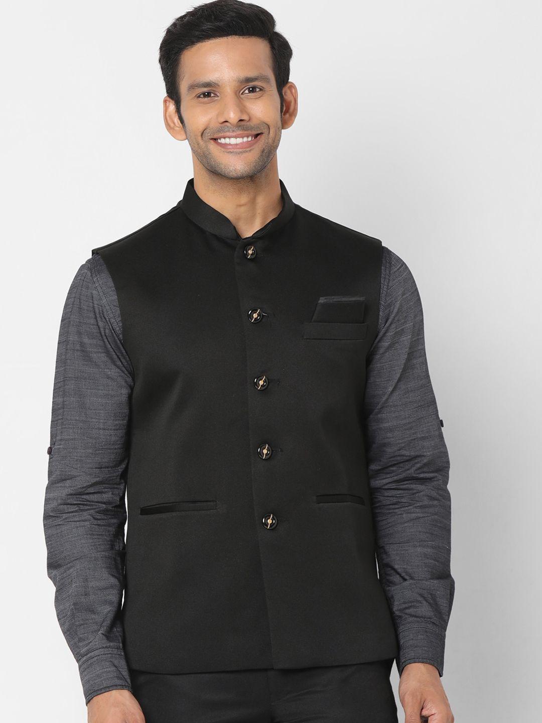salwar studio men black solid woven nehru jacket