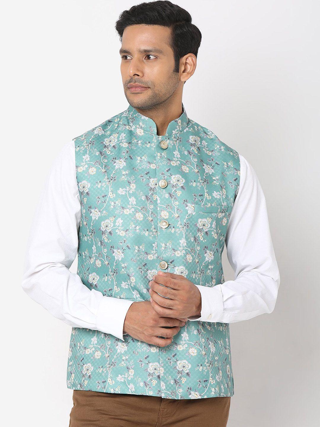 salwar studio men blue & white woven design nehru jackets