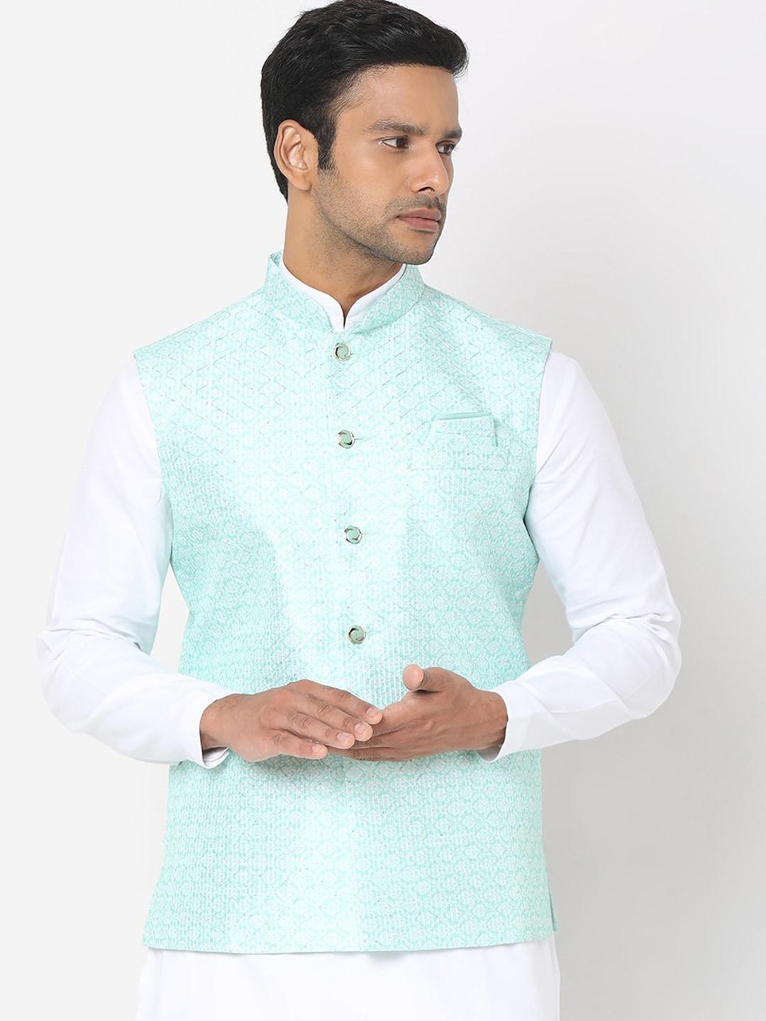 salwar studio men blue digital printed nehru jackets