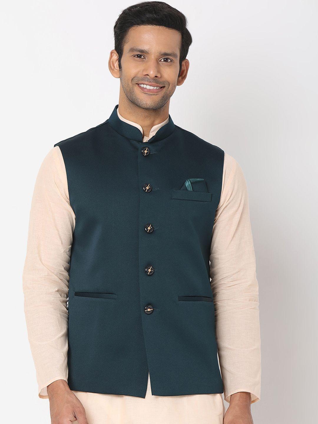 salwar studio men blue solid woven nehru jacket