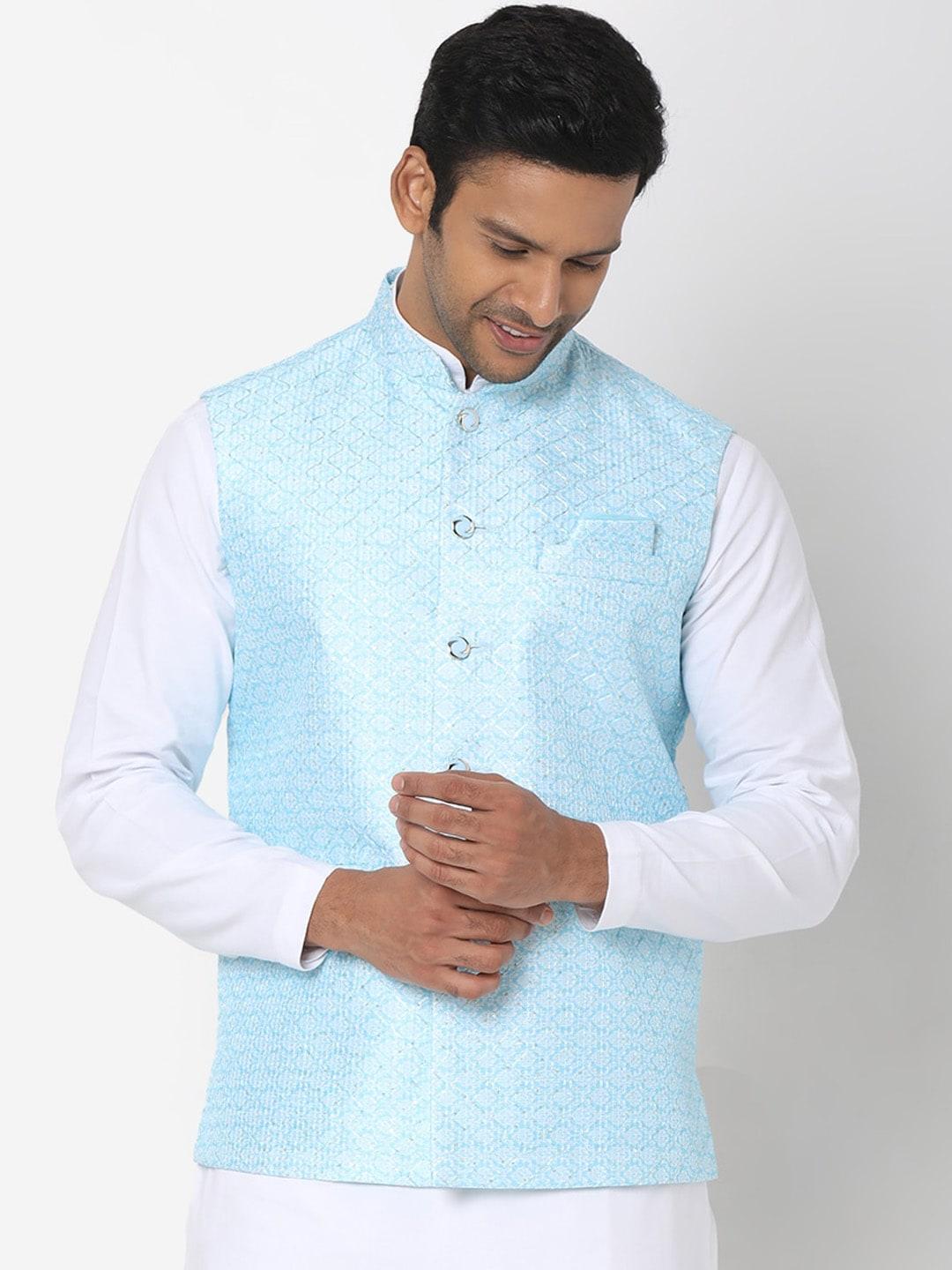 salwar studio men blue woven-design printed nehru jacket